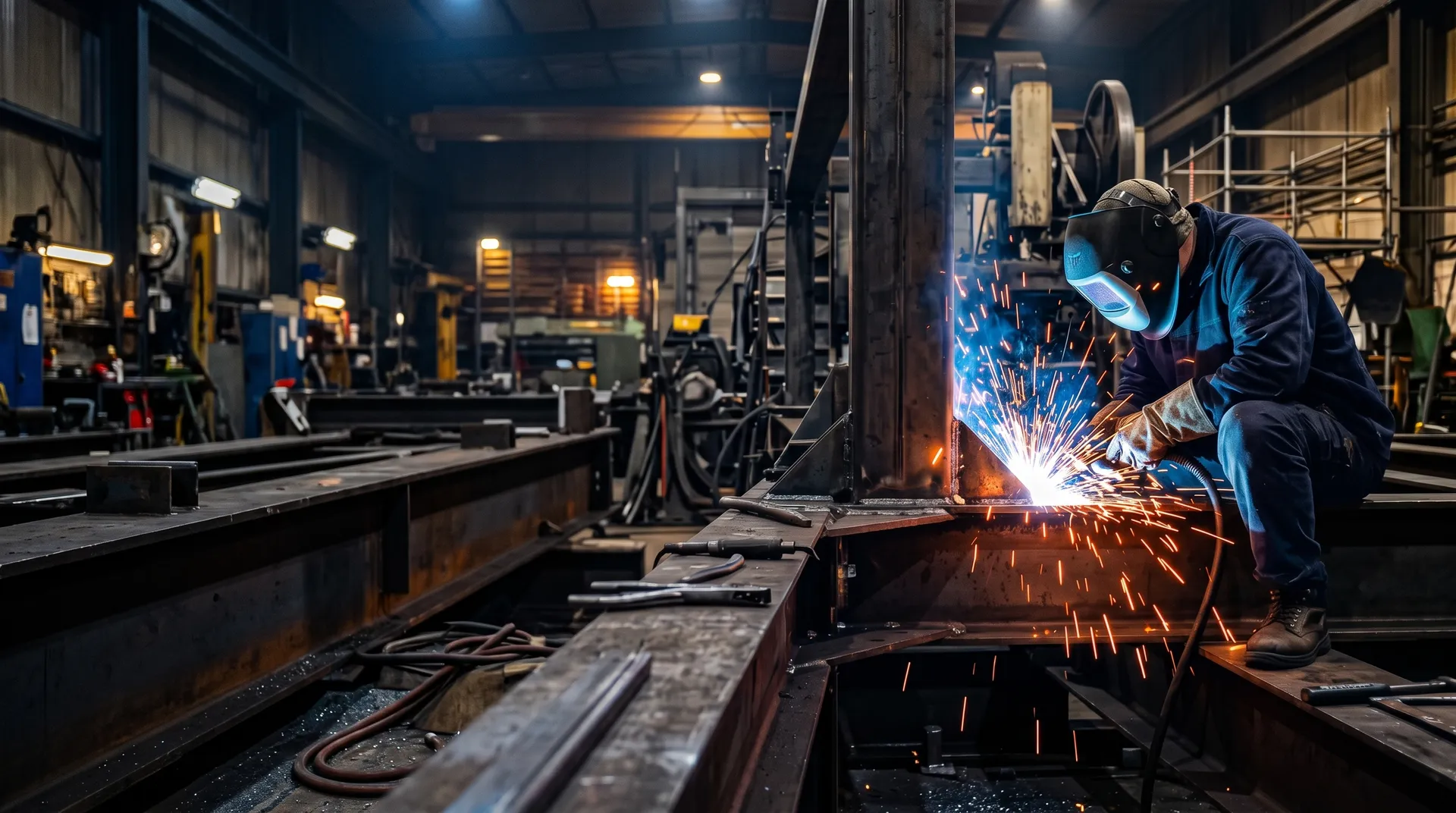 Schweißer von XENTRA beim Schweißen eines Stahlträgers in der Industriehalle