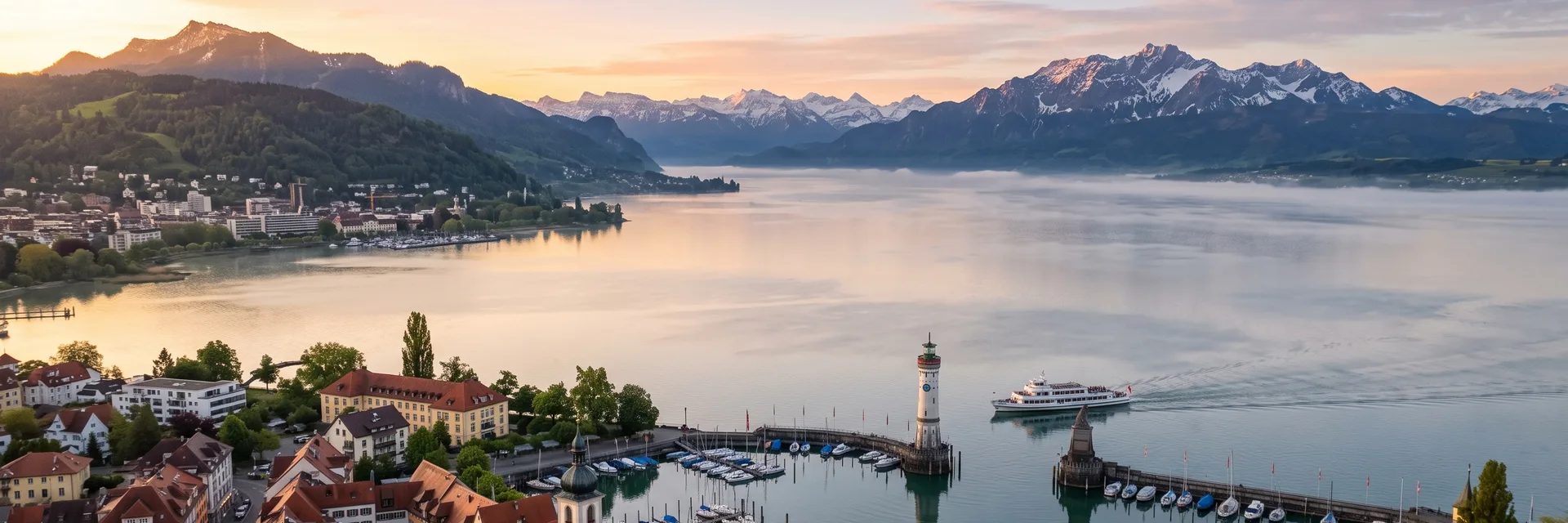 Bodensee bei Lindau mit Bregenz und Alpen